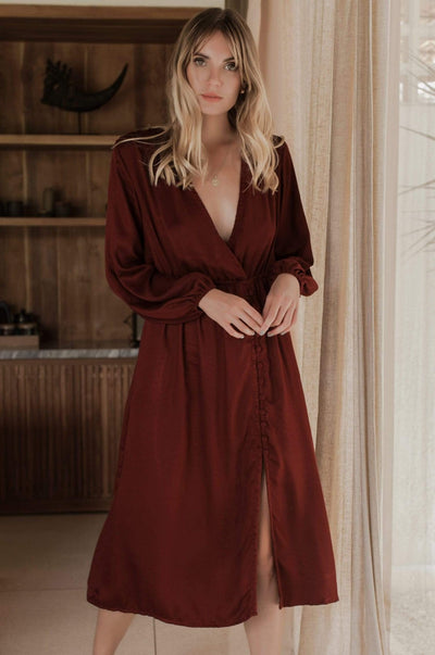 ELF Greta Long Sleeve Midi Dress Maroon plain / S