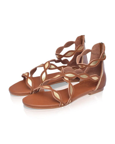 ELF Blossom Leather Sandals in Black and Beige Camel and Gold / 5
