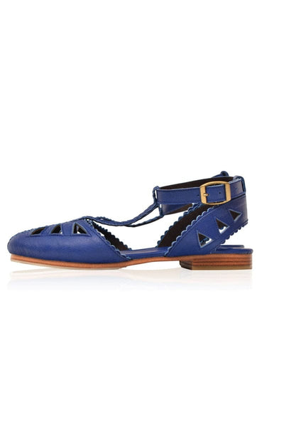 ELF Bounty T-strap Leather Sandals in White Royal Blue / 5