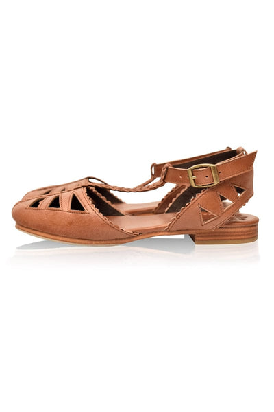 ELF Bounty T-strap Leather Sandals in White Vintage Camel / 5