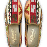 Artemis Design & Co Men's Loafers are a unique and fashionable choice, boasting a striking color combination of maroon, navy blue, khaki, white, peach, red, and green. These loafers are expertly crafted, often incorporating handwoven kilim textiles in this vibrant and diverse palette.  (Front View)